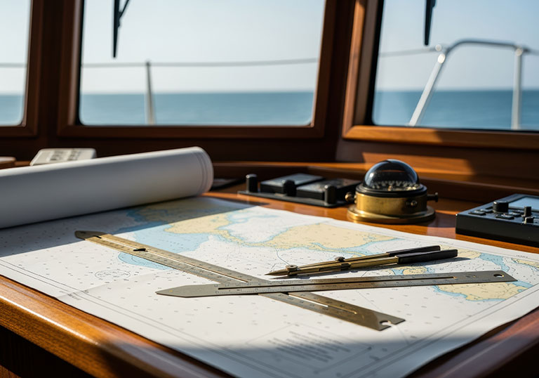 Nautical navigation tools and sea chart on yacht bridge with compass and rolled map overlooking calm blue ocean horizon